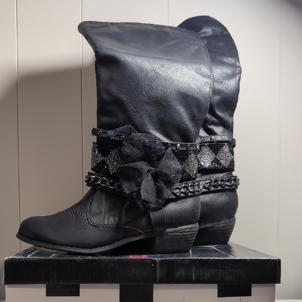 Black Heeled Boots with Slouchy Shaft and Decorative Strap